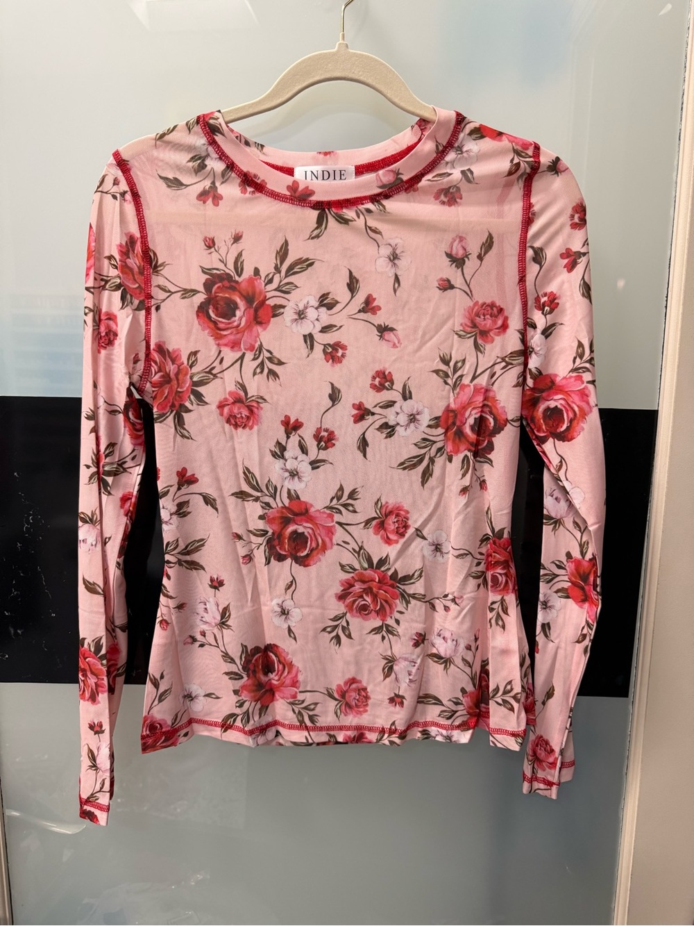 Pink Floral Long-Sleeve Mesh Top
